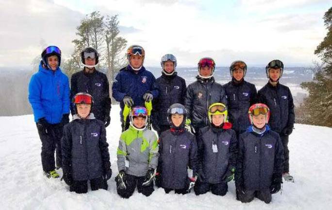 The Warwick Valley Varsity Ski Racing Team is on fire Men's team lead by Coach Matt Carcaterra: back row left to right: Alvaro Molina, Sam Tyzbir, Vaughnn Poehlmann, Dan Keneally, Matthew Hansen, Granger Ottley and Brian Buckley; and in front: Jack Peddle, Jack Landau, Rowan Oswald, Declan Tobin and Connor Finn. Christopher Hansen is also a member of the team.