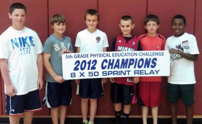 Warwick Valley hosts first 5th Grade Physical Education Challenge Member of the Boys 8 X 50 Meter Relay Champions (Sanfordville Elementary School) are, from left to right: Grant Dolshun, Nick St. Denis, Eric Swanson, Nick Garcia, Jeremy PlattþÄìStrack and Gregory Sirico. Not pictured are Chris Malota and Greg Baratto.