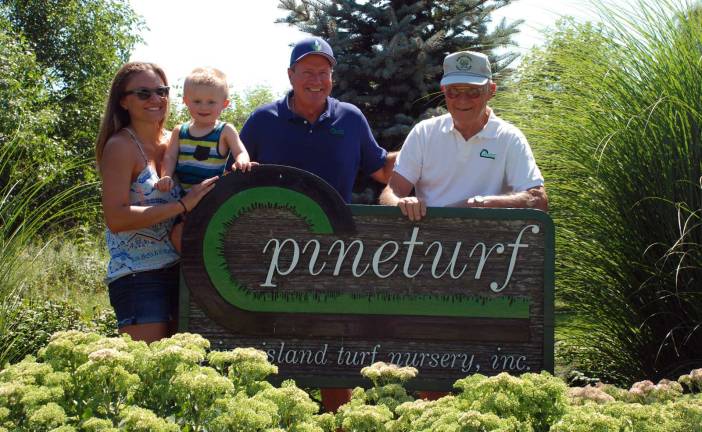 Enough grass to cover 3,000 football fields Four generations: The good folks at Pine Island Turf celebrated their 50th anniversary on Saturday, Aug. 28, with a barbecue on their main farm off County Route 1 in Pine Island. Pictured from left to right are Kelsey Lain Gurda, vice president; her son, Brayden Charles Gurda; Charles "Chip" Lain Jr.; president and owner since 1995; and Charles "Charlie" Lain, who founded the business in 1966.