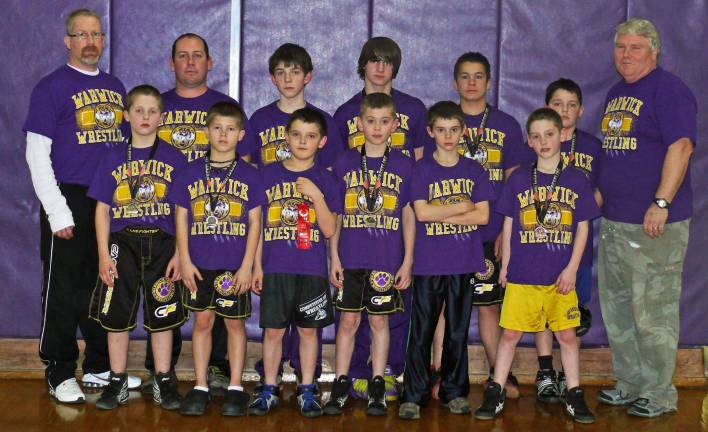 Warwick Valley youth wrestlers shine in Section 9 youth wrestling championships Photo S.J. Ferreira Warwick Valley Youth Wrestlers: Beginning in the back row, from left to right: Head Coach Tom Silvestri, Coach Keith MacDougall, Gordon Brown, Nicholas Ferreira, Thomas Kearns, Andrew Wierzbicki and Coach John Lindstrom; and front row, from left: Andrew Aeberli, Jordan Pinskey, Chris Posta, Jeremy Mazzella, Hunter Brown and Bryan MacDougall.