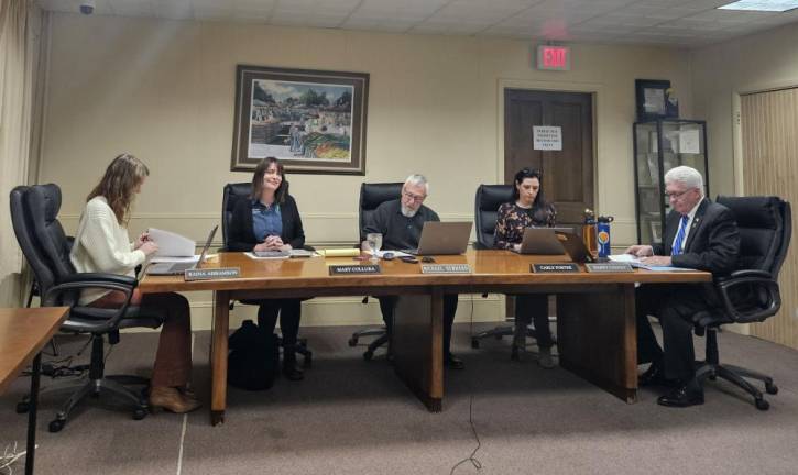 The January 2 Warwick Village Board meeting. L-R: Warwick Village Clerk Raina Abramson, Trustee Mary Collura, Mayor Michael Newhard, Trustee Carly Foster and Trustee Barry Cheney.