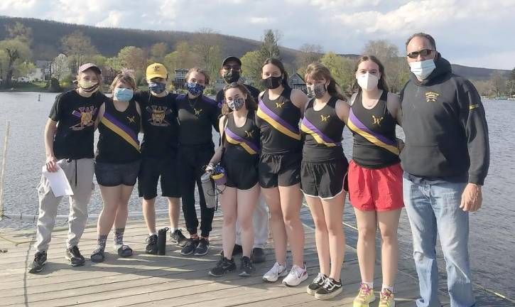 Pictured from left to right, members of the Warwick Valley High School Row Club are: Johnny Skafidas, Miranda Ibbeston, Brian Marsh, Natalie Vanasse, Coach Anthony Paterno, Maya Bialas, Casey Duma, Miranda Ibbetson, Emma Ibbetson and Coach Jim Cody. Photo provided by Warwick Crew Manager Jaye Levitsky.