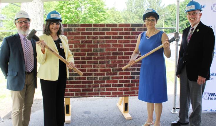 St. Anthony Community Hospital kicks off $10 million renovation of Radiology Department Provided photos Mary Leahy, MD, CEO, Bon Secours Charity Health System (left), and Mary Juliano, chair of the Bon Secours Warwick Foundation Board, smash the ceremonial wall to kick off construction of the St. Anthony Community Hospital Radiology Department expansion. Warwick Mayor Michael Newhard (left) and Warwick Town Supervisor Michael Sweeton lend their support.