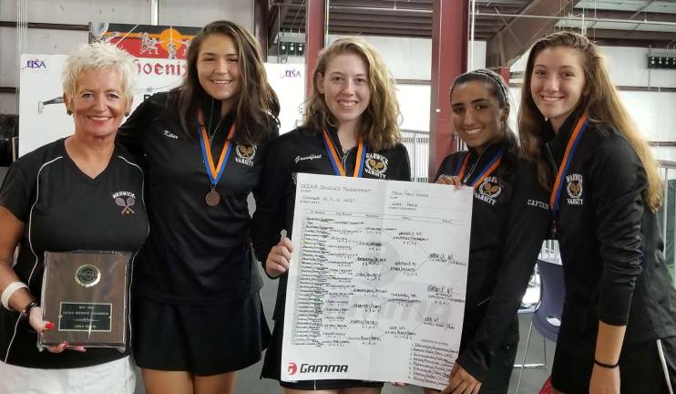 Ava Ghobadian and Jacqueline Grundfast of Warwick win OCIAA Doubles Championship Provided photo Pictured from left to right are Warwick Valley Girls Varsity Tennis Coach Susan Filingeri and team members Uliana Kitar, Jacqueline Grundfast, Ava Ghobadian and Stephanie Menoutis.