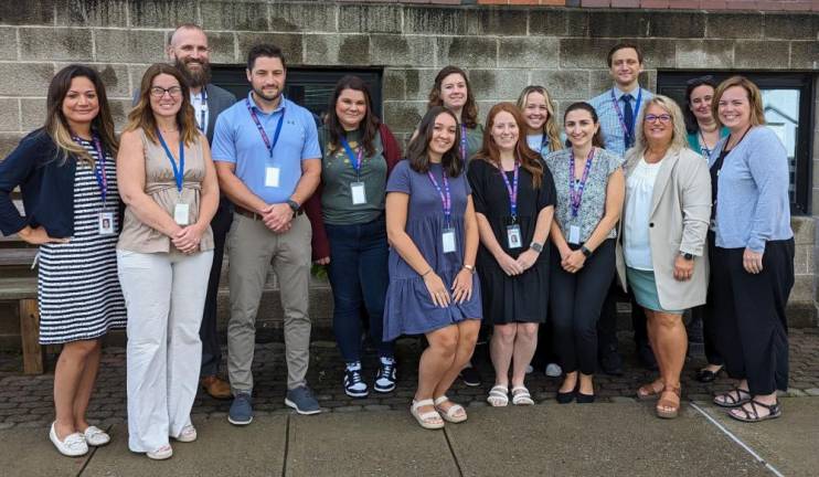 New teachers and administration team members pose for a photo during New Teacher Orientation at the Florida School District on Aug. 30. Provided photo.