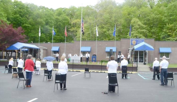 Memorial Day services were held Monday at Greenwood Lake American Legion Post 1443. Chaplain Robert Sweeney opened the services with a prayer. Because of the COVID-19 pandemic, Post Commander Tom Mulcahy limited attendance to legion members, the Ladies' Auxiliary and the Sons of the Legion, with those there practicing social distancing. Photos by Ed Bailey.