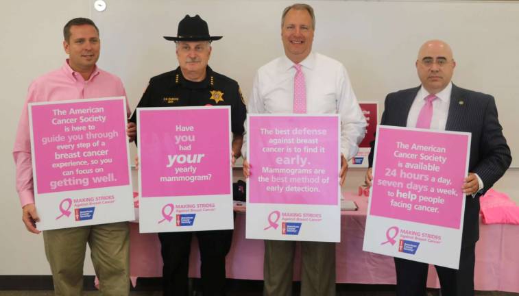 Orange County kicks off Breast Cancer Awareness Month Provided photoPictured from left to right: Orange County Executive Steven M. Neuhaus, Sheriff Carl E. DuBois, District Attorney David Hoovler and Commissioner of Health Dr. Eli Avila at Monday’s “Orange County Goes Pink” kickoff event in recognition of Breast Cancer Awareness Month. October is National Breast Cancer Awareness Month.