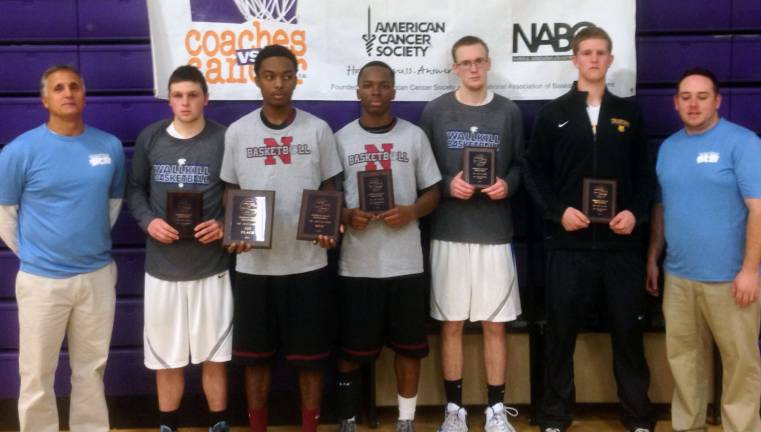 Basketball tournament raises $600 for American Cancer Society 2013 All Tournament Team pictured left to right Coach Folino, Dean Grinder (Wallkill), Barry Battle (Nyack), Ethan Smith (Nyack), Sean Van Duser (Wallkill), Dermot Egan (Warwick) and JV Coach Aaron Hasbrouck. Missing from the photo is Joe McConville (Cornwall).