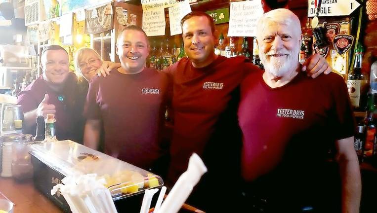 Orange County Executive Steven M. Neuhaus, state Sen. Mike Martucci and Assemblyman Karl Brabenec with John and Peggy Christison, owners of Yesterdays in Warwick on Monday, Aug. 9. Neuhaus, Martucci and Brabenec served as guest bartenders at the event, which raised more than $3,000 for the Warwick Valley VFW Post 4662. Photo provided by Orange County.