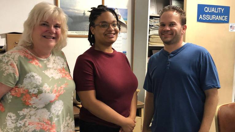 Pictured from left to right at Mechanical Rubber offices in Warwick are: Alisa Sherow in the Compliance department, intern Paisley Campbell and Gary Lyon in the Quality Control department.