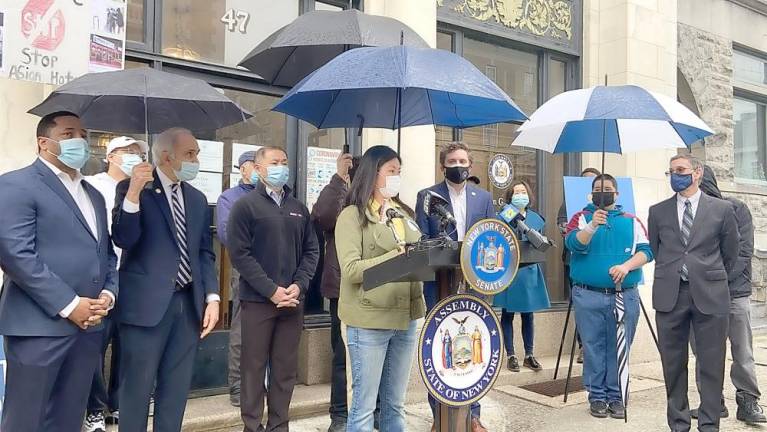 Speaking at a rally outside of the office of state Sen. James Skoufis in Newburgh, Beacon resident Christine Wang recalled a time when someone spit at here as she was walking down Main Street. “Asian women are hyper anxious right now because of the violence toward us and the time to speak up for them is now,” she said. “I’m asking for us to be recognized and for our communities to take action.”