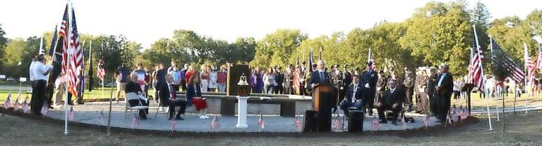 On Saturday, Sept. 11, the twentieth anniversary of the attacks on the World Trade Center and Pentagon , a huge crowd gathered as the Village of Warwick and the Warwick Fire Department held a remembrance ceremony at the 9/11 Memorial Sculpture Garden on the Roger Metzger Arboretum in Stanley-Deming Park. Photo by Roger Gavan.