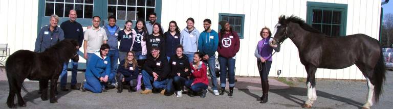 Touro College medical students enhance patient skills by interacting with horses Photo by Roger Gavan Eighteen first- and second-year medical students from The Touro College of Osteopathic Medicine in Middletown along with their professor, Dr. Alex Joanow (second from left), Director of Development Deirdre Hamling (far right) and staff recently enjoyed an unusual and intriguing afternoon at Raven Hill Farms, a local horse farm in the Town of Warwick.