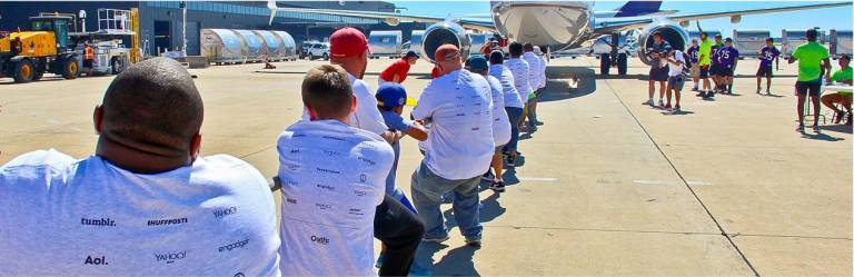 Provided photo Teams of 20 will compete Saturday, June 29, to pull a Boeing 757 across a taxi way for 12 feet at Stewart International Airport. The event is a fund-raiser for United Way of the Dutchess-Orange Region.