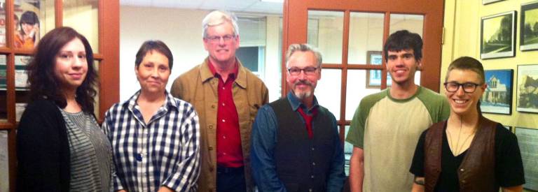 Building community From left, Project Knomad Coordinators; Neisha Hirsch and Donna Kaminski, Village Trustee Bill Lindberg, park and recreation chairman; Mayor Michael Newhard and Project Knomad Coordinators Jon Lawrence and Innis Wolf.