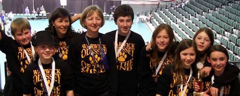 Two Warwick Odyssey of the Mind teams move on to world competition The ìOdyssey Angelsî still have shot at going to Iowa for their community efforts, which are ongoing. They are, from left to right: Patrick Sliter, Jacob Gaydos, Coach Donna Denny, Coach Polly VanderKruik, James Byrne, Alyssa Schaechinger, Julia Beggel, Josie Romano and Madeleine Wadeson.