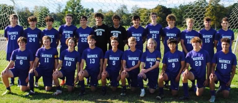 Warwick Varsity Soccer team 2021-2022:Front row left to right: Kieran Gilson (Jr.), Captain - Joseph Holder (Sr.), Jake McGowan (Jr.), Henry McKenna (Sr.), Austin Browning (Jr.), Luke Tannar (Jr.), Captain - Luke Harrison (Sr.), Edgar Torres (Jr.), Owen Tillinghast (Jr.) and Cesar Polonia (Jr.); and in back: Trevor Stevens (Jr.), Harry Coard (Jr.), Ramone Irizarry (Jr.), Kayden Zachgo (Jr.), Ben Samberg (Sr.), Drew Borner (Jr.), Aden Razukiewicz (Sr.), Chase Rother (Sr.), James Unger (So.), Carson Rother (Jr.), Jason Luhavalja (Sr.), Sam Randall (Sr.) and Sawyer Masefield (Sr.). Photo by Derek Harrison.