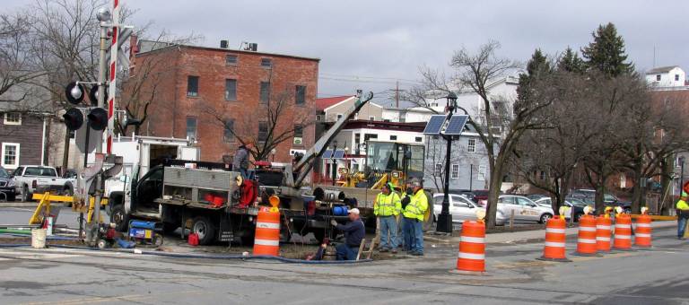 South Street water main break repairs in progress Photo by Roger Gavan Village of Warwick DPW crews install shut-off valves on both sides of the railroad right-of-way to isolate the leak on South Street.