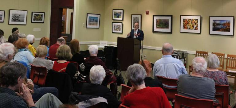 Albert Wisner Public Library dedicates the River Birch Reading and Performance Patio Photo by Roger Gavan Dr. Wayne Rossi, vice president of the Albert Wisner Public Library Board of Trustees, served as emcee and introduced state, county, town and village officials along with representatives of the Library Board of Trustees, the Foundation Board of Governors and the Friends of the Library Executive Board.