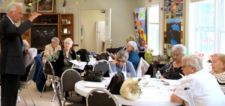 May 21 budget votes and school board elections Photo by Ed Bailey Dr. Richard Brockel, the Greenwood Lake Superintendent of Schools, gives a presentation to the Greenwood Lake seniors at their center on May 9 on the upcoming a budget vote and school board election.