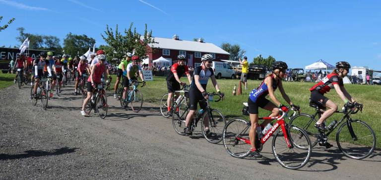 More than 500 cyclists participate in Orange County's Farm to Fork Fondo Heading down the hill from the Cidery to Warwick Turnpike.