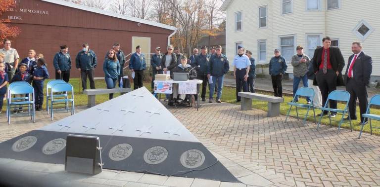 Attending Veterans Day ceremonies in the Village of Florida were Orange County Legislator Paul Ruszkiewicz, Mayor Daniel Harter and Airman Liam Califf, a 2020 S.S. Seward graduate presently stationed at Fort McGuire in New Jersey.