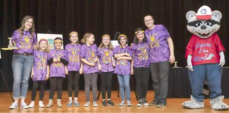 Park Avenue Elementary School's Gibberish or Not Division 1 team wins first place. Left to right: Coach Christy Brown, Lyla Brown, Abbie Gawronski, Ashlyn Brown, Anya Campbell, Hayes Pizanie, Charlotte DeGuzman, Isabella Costanza and Coach Corey Brown.