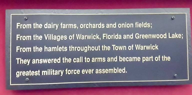 The public is invited to the Old School Baptist Meeting House on Sunday, Nov. 10, at 4 p.m. to help the Historical Society remember our veterans. This plaque hangs in the Warwick Town Hall along with many more, honoring the men and women of Warwick who have served.