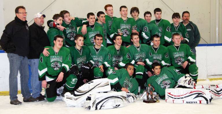 Bear Mountain 16U Bears repeat as league champions Front row with the Hudson Valley Hockey League trophy: Goalies Brandon Vazquez (Lakelands H.S.) and Anthony DePinto (N. Rockland); Kneeling: Brian McGovern (Warwick); Eric Tremblay (Monroe); John Dunn (Monroe); Brandon Fienco (Cornwall); John Donovan (Monroe); Kyle Eng (Cornwall); and Zack Grahn (Monroe); Standing: Coach Mark McElroy; Coach Pete Rafferty; Richie Krafft (Washingtonville); Dan DeMarco (Suffern); John Hill (Monroe); Austin Steinbach (Warwick); Case Coughlin (Monroe); Mark McElroy (N. Rockland); Brian Kilduff (N. Rockland); Andrew Rafferty (N. Rockland); Jack Tofallos (Valley Central); Owen Basher (Cornwall); and Coach Dan Kilduff.