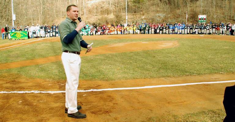 Play ball Photos by Ed Bailey Mayor Jesse Dwyer addressed the crowd during opening day ceremonies for Greenwood Lake Little League last Saturday.