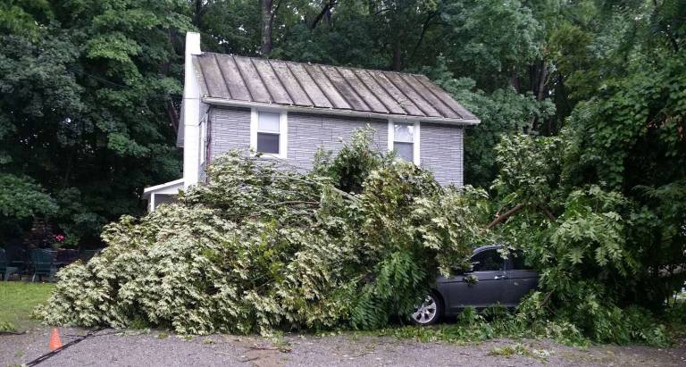 Severe thunderstorms cause havoc in Village of Warwick Carol Beaugard shared this photo Tuesday afternoon: “I came home to a tree that had been struck by lightning from our neighbor, hit our house and buried my husband’s car parked in our driveway. We have no power and downed live wires. We’re waiting for O&R to come to the rescue. Looks like trees we’re downed up the hill also. Wow. Stay safe everyone.”