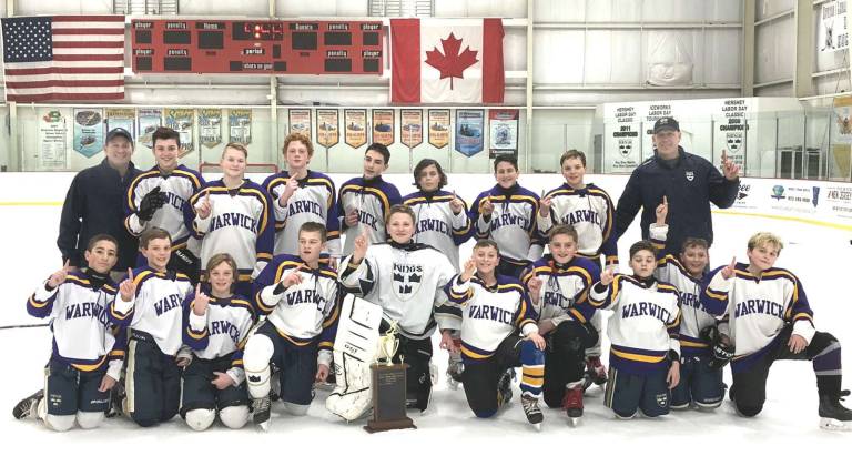 Warwick Middle School Ice Hockey Team wins championship Front row from left: Rowan Oswald, Quinn Boudreau, Christian Boudreau, Dillon Shea, Ricky Palmeri, Ayden Tretola, Clayton Folger, Tyler De Sotle, Julian Tretola and Dillon Warren; and in back from left: Tucker Oswald, Brendan Boudreau, Devin England, Jack Vander Plaat, Joe Labarbera, Dominick Scavullo, Dominick Masi, Jack Boudreau and Tom Boudreau.