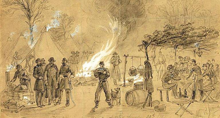 Civil War artist Alfred R. Waud sketched this Thanksgiving scene at a Civil War camp. Library of Congress image