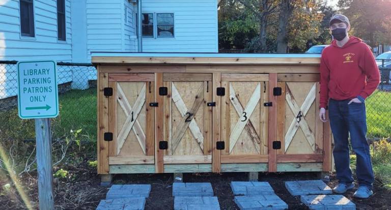 Eagle Scout Connor Brennan built these Appalachian Trail backpack lockers at the Greenwood Lake Public Library.