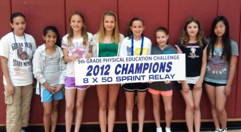 Warwick Valley hosts first 5th Grade Physical Education Challenge Members of the Girls 8 X 50 Meter Relay Champions (Sanfordville Elementary School) are, from left to right: Melanie Gaynor, Fran Micallef, Kaeli Thompson, Averie Helmrich, Karissa Crozier, Maggie Lee, Charlotte McClannahan and Lea PriestnerþÄìWerte.