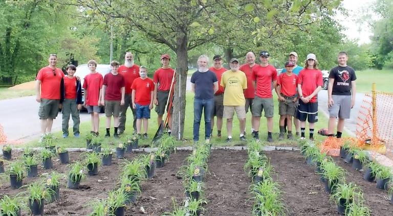 From left: Assistant Scoutmaster Jeffrey Frommeyer, Holden Frommeyer, Alexander Rodrigues, TImothy Raines, Scoutmaster Frank Gaynor, Sean Klein, Jackson Frommeyer, Warwick Mayor Michael Newhard, Assistant Scoutmaster Mark Curran, Carmine Garritano representing the VFW, Assistant Scoutmaster Kevin Brand, Joey Rodrigues, Zach Curran, Assistant Scoutmaster Carlos Rodrigues, Joshua Rodrigues and Sebastian Brand. Photo by Soney C. Frommeyer.