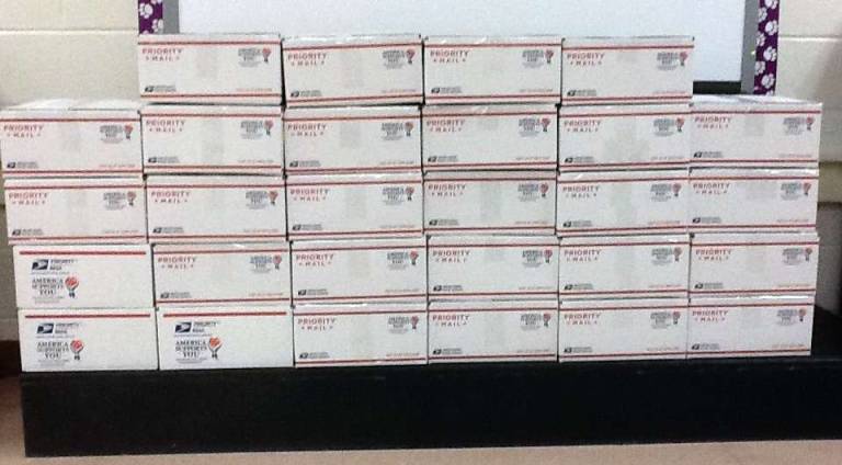 Holiday gift boxes for U.S. soldiers This is what 28 gift boxes of supplies looks like packaged and prepared to be sent to soldiers serving overseas.