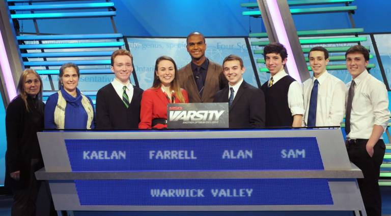 Warwick Valley answers ‘The Challenge Warwick Valley High School has advanced to the second round of MSG Varsityís ìThe Challengeî and will take on Sleepy Hollow High School on Wednesday, April 17, at 6:30 p.m. on Cablevisionís Optimum, Channel 14. Pictured here are the members of the The Warwick Valley High School team: Academic Advisors Sue Baisley and Lisa Howard; Kaelan Lynch, Farrell Brenner, MSG Varsity ìThe Challengeî Host Jared Cotter, Alan Held (team captain), Samuel Sander Effron and alternates Julian Klein and Jordan Fried.
