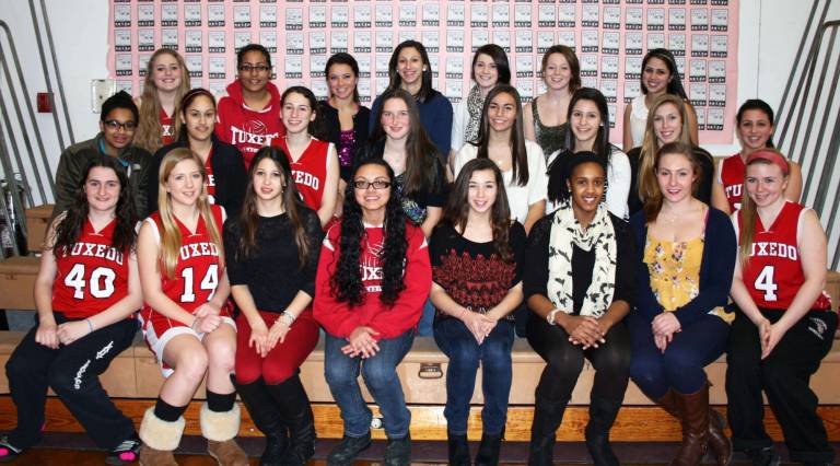 Baker girls basketball by the numbers: 12-5, 92 and 1,000 Pictured are the Varsity and Junior Varsity Girls Basketball players from George F. Baker High School in Tuxedo. Top row: Skyler Rohlfs, Alexis Bowens, Raven Coffiel, Cori DeLisi, Denise Morgan, Erin Murphy and Amanda Agostini. Middle row: Jhanya Squires, Isabel Minano, Rachel Sebastian, Stephanie Gundermann, Sheryl Martin, Gabby Nouri, Alison Toscano and Nicole Ruscillo. Bottom row: Jaclyn Ketterer, Kyle Van Doran, Tatiana Oliva Kowalski, Kitiona Corter, Katherine Purdy, Kaylah Pinkney, Ashley Addonisio and Deirdre Hallinan.