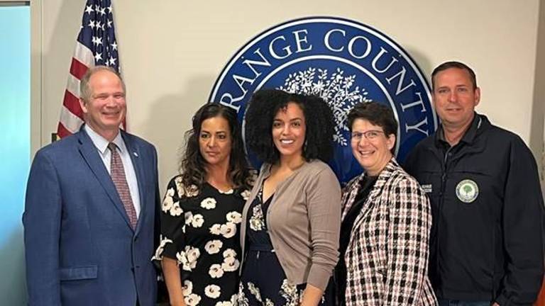 2025 Human Rights Award honorees announced From left: RECAP Chief Executive Officer Charles Quinn; , Karolyn Thompson Leadership Orange; Executive Director of the Orange County Human Rights Commission Inaudy Gil; SUNY Orange President Dr. Kristine Young; and County Executive Steven M. Neuhaus.