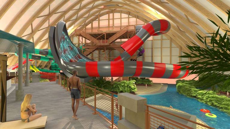 Slide away Provided illustration The developers of the Camelback Lodge & Aquatopia Indoor Waterpark in Tannersville, Pa., are building a two-acre, four-season indoor waterparkl next to the soon-to-open Resorts Worlds Catskills casino complex in Thompson in Sullivan County.