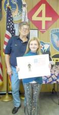 Sierra Grove was the fifth-grade winner of the ”What Veterans Day Means To Me contest, sponsored by the Florida American Legion Auxiliary Unit 1250. Her artwork included a soldier in uniform; she also used the first letters of the word ‘”soldier” to describe what their actions meant to her.