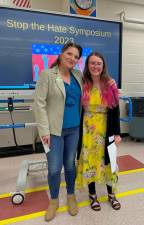 Warwick Valley High School student Ava Gell, right, is pictured with teacher Marilyn Brozycki at the The Stop the Hate Symposium, sponsored by the Jewish Federation of Greater Orange County’s Zachor Antisemitism Initiative, held April 20 at Monroe-Woodbury Middle School. Gell was one of three winners of the 2023 Stop Hate Challenge.