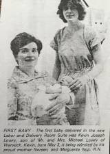 Image from a 1973 news article with Noreen Lowry holding Kevin Joseph, the first baby delivered at St. Anthony’s new Labor and Delivery Room Suite.