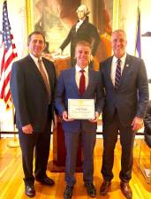 Photo providedNoah Daige, center, of Warwick received an appointment to West Point. Congressman Sean Patrick Maloney is on his right at Washington's Headquarters in Newburgh.