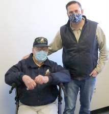 Orange County Executive Steven M. Neuhaus with fellow U.S. Navy Seabee John Frohbose of Circleville. Frohbose, 96, and his sister, 90-year-old Dolores Townley, both received the one-shot Johnson and Johnson COVID-19 vaccine on Sunday, March 7, at the County’s Point of Distribution at Hatfield Lane in Goshen. Photo provided by the Office of the Orange County Executive.