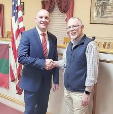 Greenwood Lake Mayor Jesse Dwyer (left), Republican nominee for Warwick Town Supervisor, shakes hands with incumbent Supervisor Michael Sweeton, who is retiring at the end of his term. Provided photo.