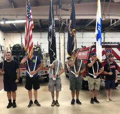 The Warwick Fire Department Color Guard is preparing for the 104th Orange County Volunteer Firemen’s Parade in Warwick on Sept. 28 and for the 150th anniversary of the Warwick Fire Department. The Color Guard, led by Firefighter Kevin Colomba, participated in drills on Thursday, Aug. 8. Pictured from left to right are: Firefighters Brien Penella, Richard Pasuit, Austin Denorchia, John Kokulak, Korey Stokkeland and Jacob Corti.