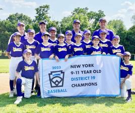 Pictured here are the Warwick 11U Baseball District 19 champions: in front, from left to right, are: Avery Eschmann and Peter Blandino; in the second row: Lucas LaPenna, Mickey Reilly, Benjamin Payne, Jack Starr, James Mikos, Tanner Wadeson, Dylan Connington, John Powers, Logan Ziegler, Chance Daly and AJ Podolec; in back, Coaches Chris Payne, Dominic Blandino, Travis Podolec and Chris Daly. Provided photo.