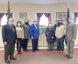 Pictured from left to right: Floyd DeAngelo, Town Councilmen and Warwick Friendly Visitor Program Board Liaison; Denise White, Warwick Friendly Visitor Program Recording Secretary; Eileen Astorino, Warwick Town Clerk; Vince Copello, Warwick Friendly Visitor Program Chairmen; Dana Castine, Warwick Friendly Visitor Program Co-Chair; Carol Korey, New Warwick Friendly Visitor Program Advisory Board member; Lisa Bacenet, Coordinator of Volunteers; state Sen. Mike Martucci, new board member. Provided photo.